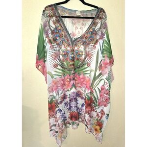 Ravi Rajoria Floral Kimono Sleeve‎ Kaftan Cover Up Crepe Dress Size XL